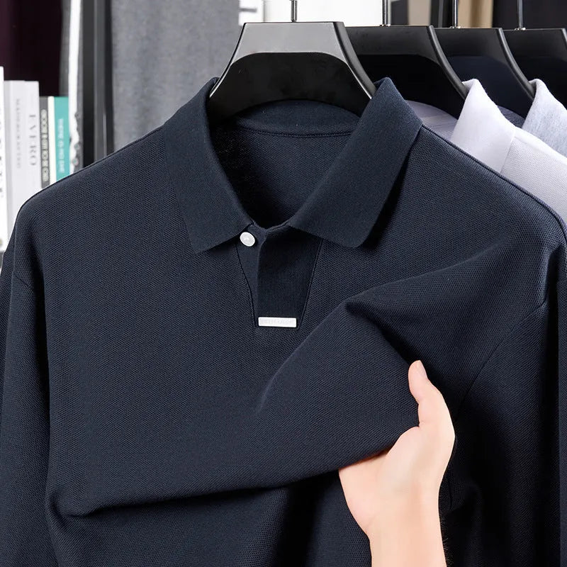 Men's loose fit cotton polo shirt with lapel collar and long sleeves in grey