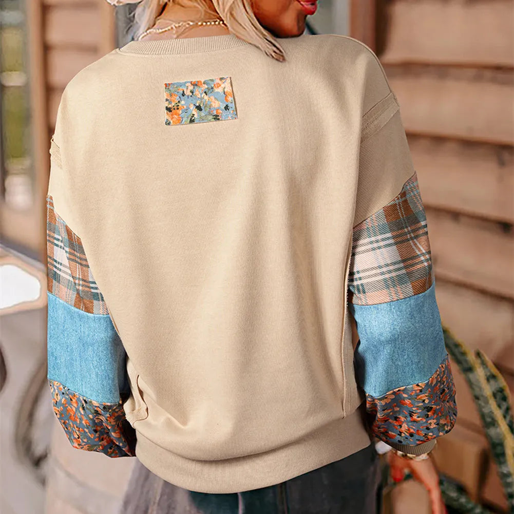 Women's beige and red plaid stitching long-sleeved loose fit polyester top