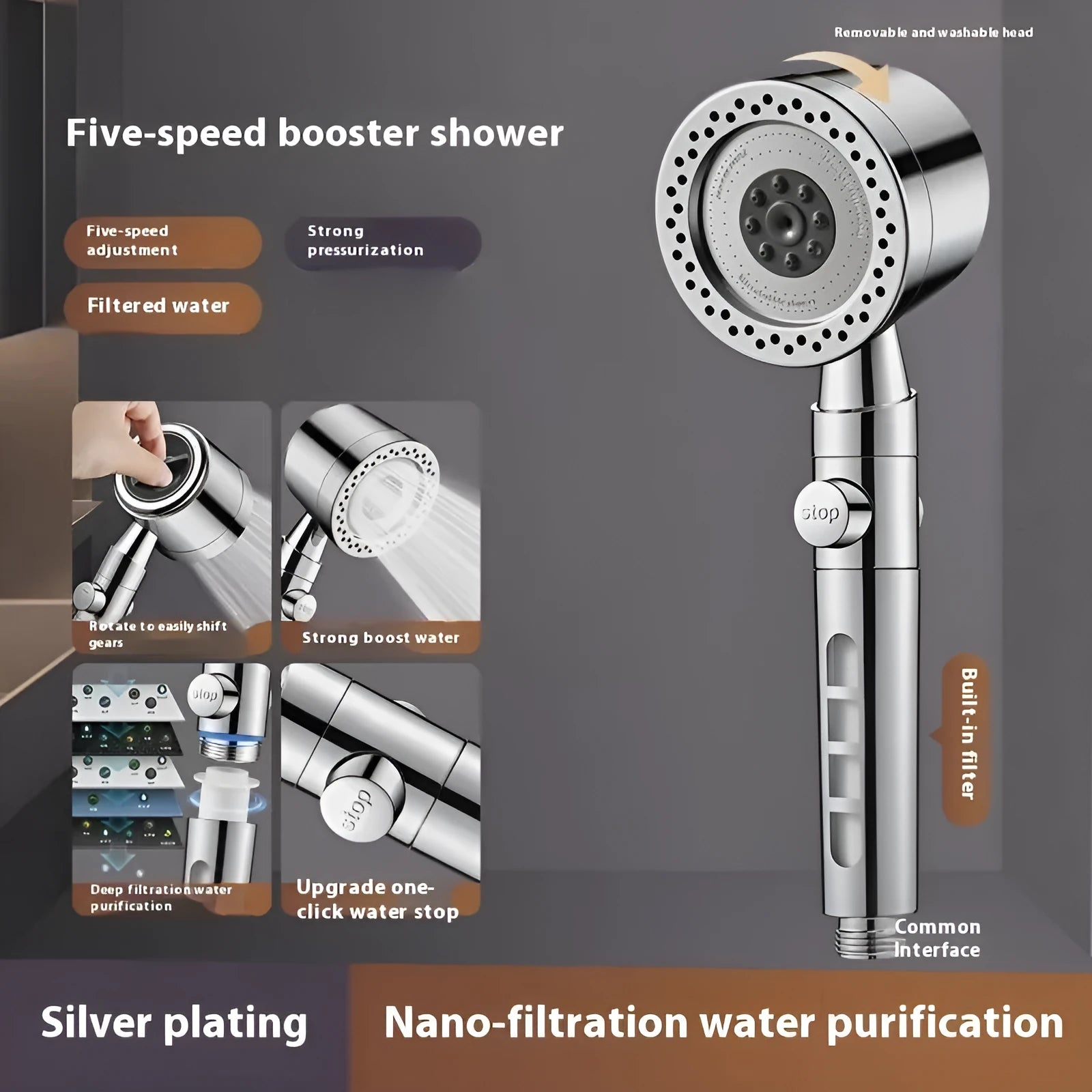 Silver chrome-plated portable shower head with multiple spray settings on a white background.