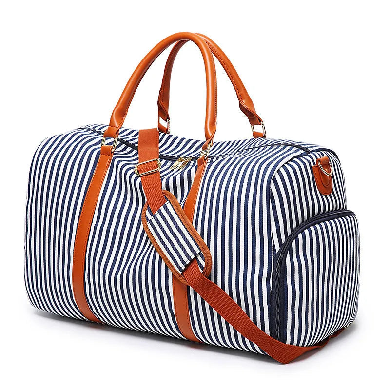 Large canvas striped contrast colour travel duffel bag with zipper closure and polyester lining