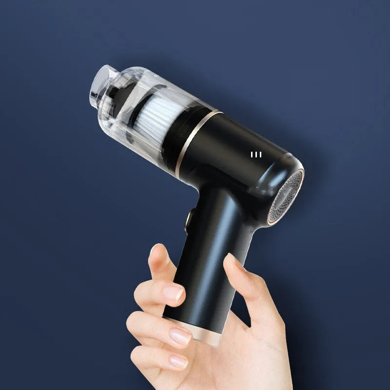 Black wireless car and home vacuum cleaner with accessories including brush heads and nozzles