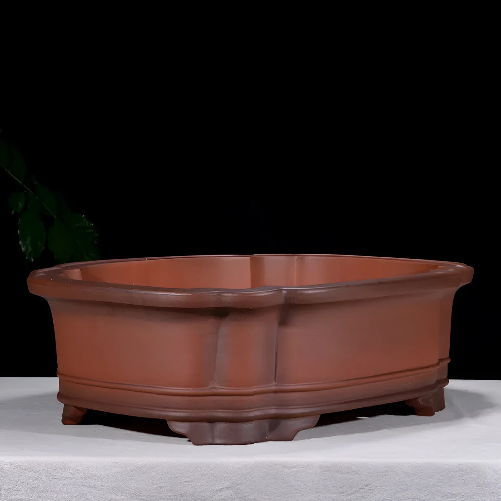 Large rectangular purple clay flowerpot with antique jade finish and Chinese crabapple carvings