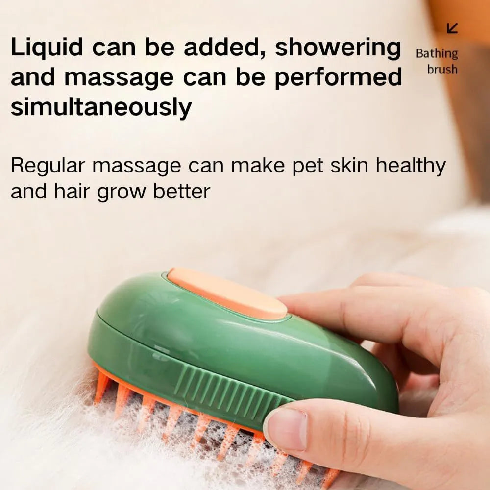 Green and white rechargeable cat steam brush comb with silicone bristles and water spray.