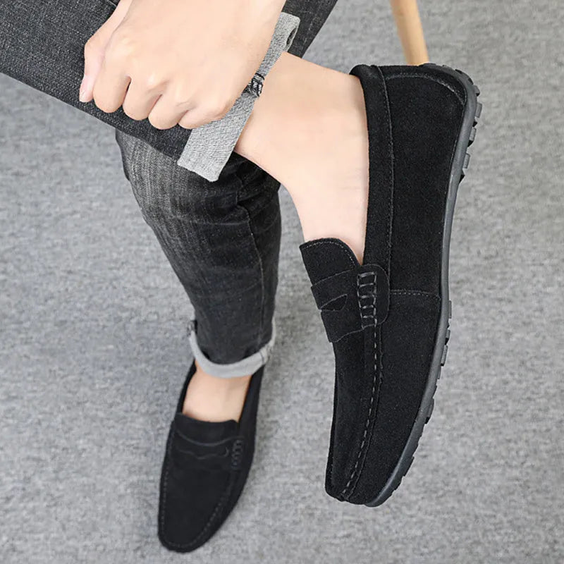 Men's suede slip-on loafers in solid colours with round toe and flat rubber sole