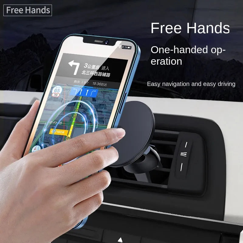 Black aluminium magnetic car phone holder mounted on vehicle air vent