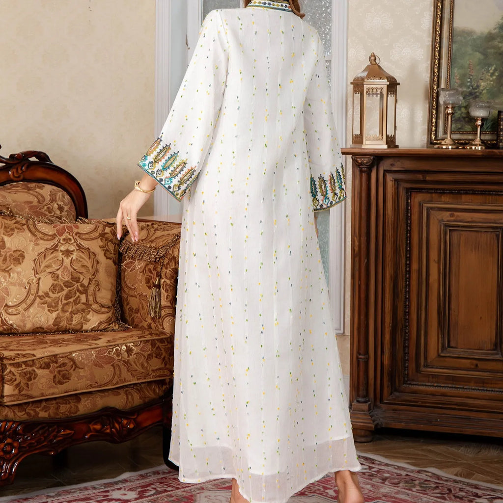 White full-length women's Arabic polyester kaftan robe with long sleeves