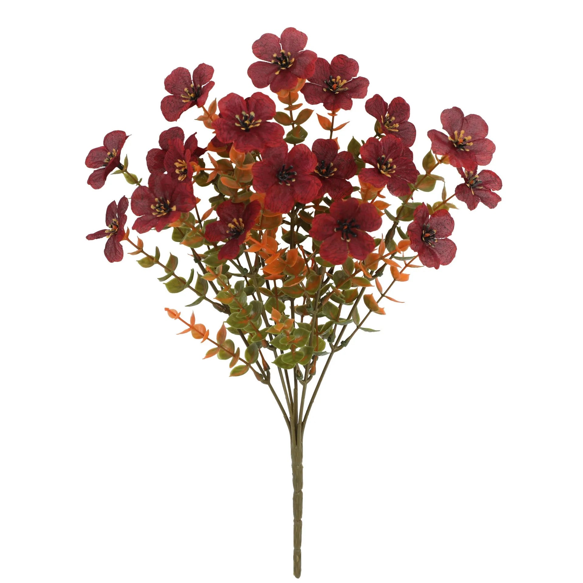 Artificial flower bouquet in autumn orange, yellow, and red colours with detailed plastic and silk construction