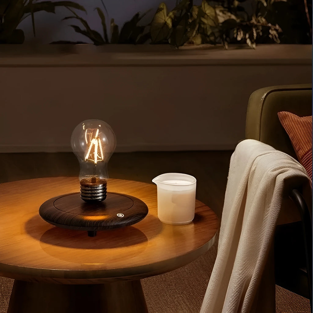 Iron art suspension bulb desktop night lamp on black wood-grain base