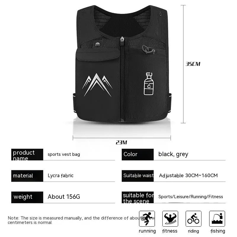 Breathable mesh running vest in grey with integrated front phone pocket for outdoor sports.