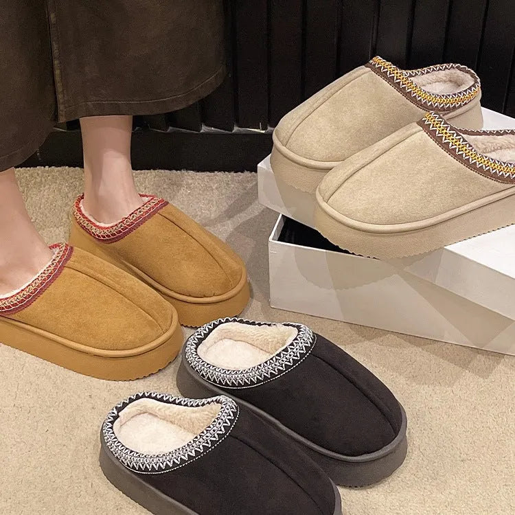 Women's suede cotton bag heel slippers in beige, warm indoor footwear for autumn winter with PVC sole