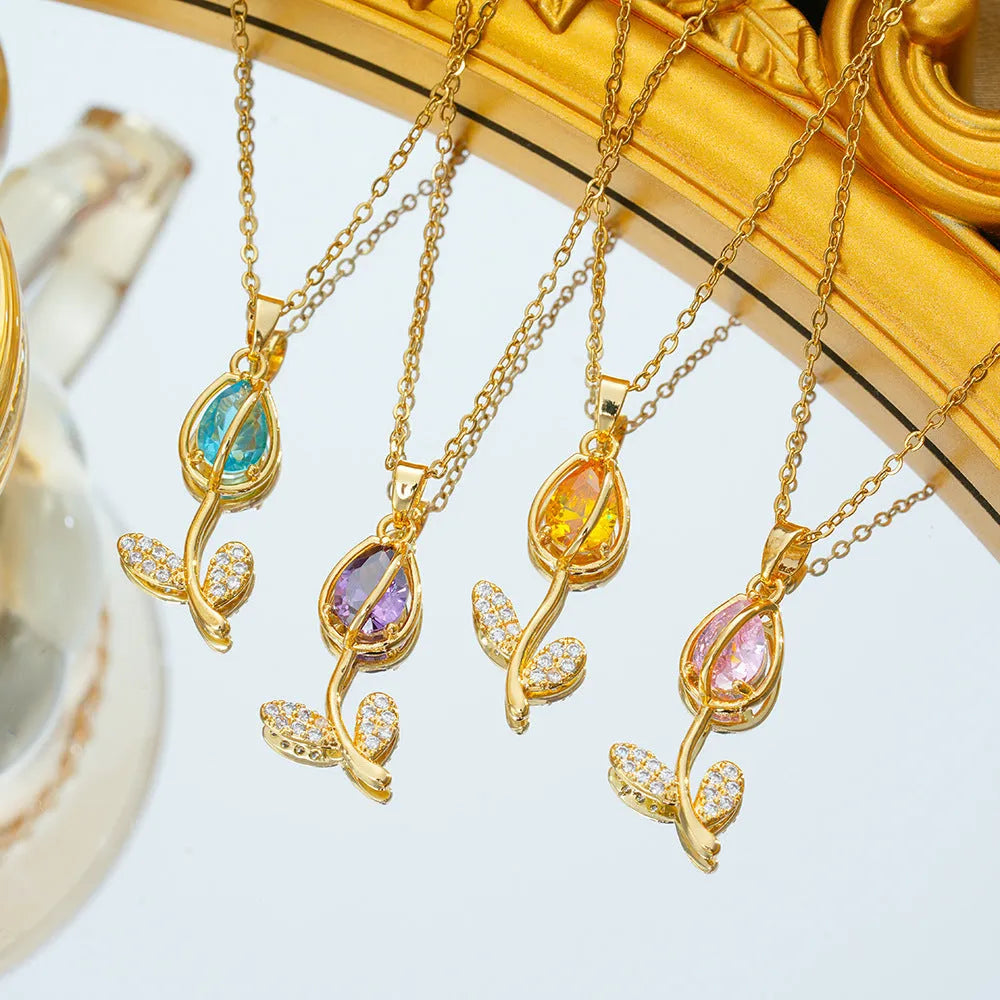 Zircon tulip necklace for women with gold electroplated pendant on titanium steel chain in five colour options
