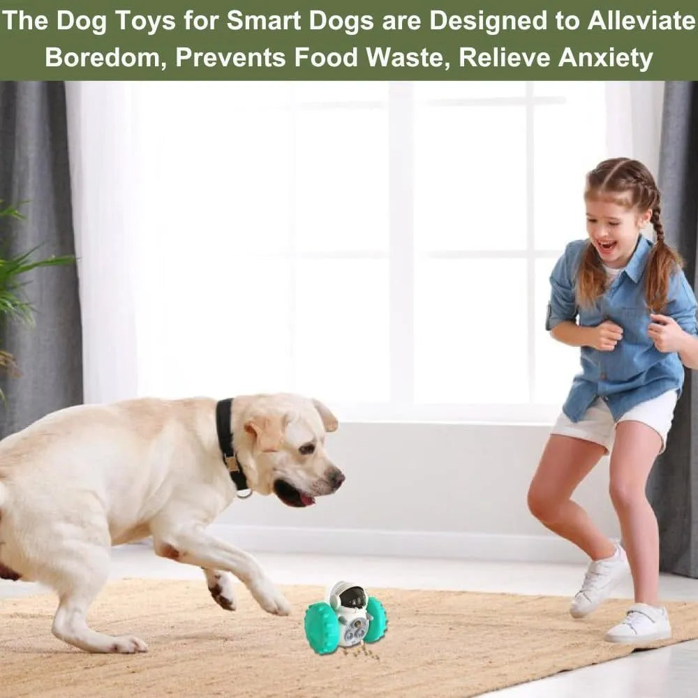 Robot design pet food dispenser toy for small dogs and cats showing self-balancing tumbler mechanism
