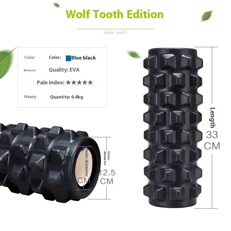 Black six-piece foam roller with gear bar massage design, 33cm length