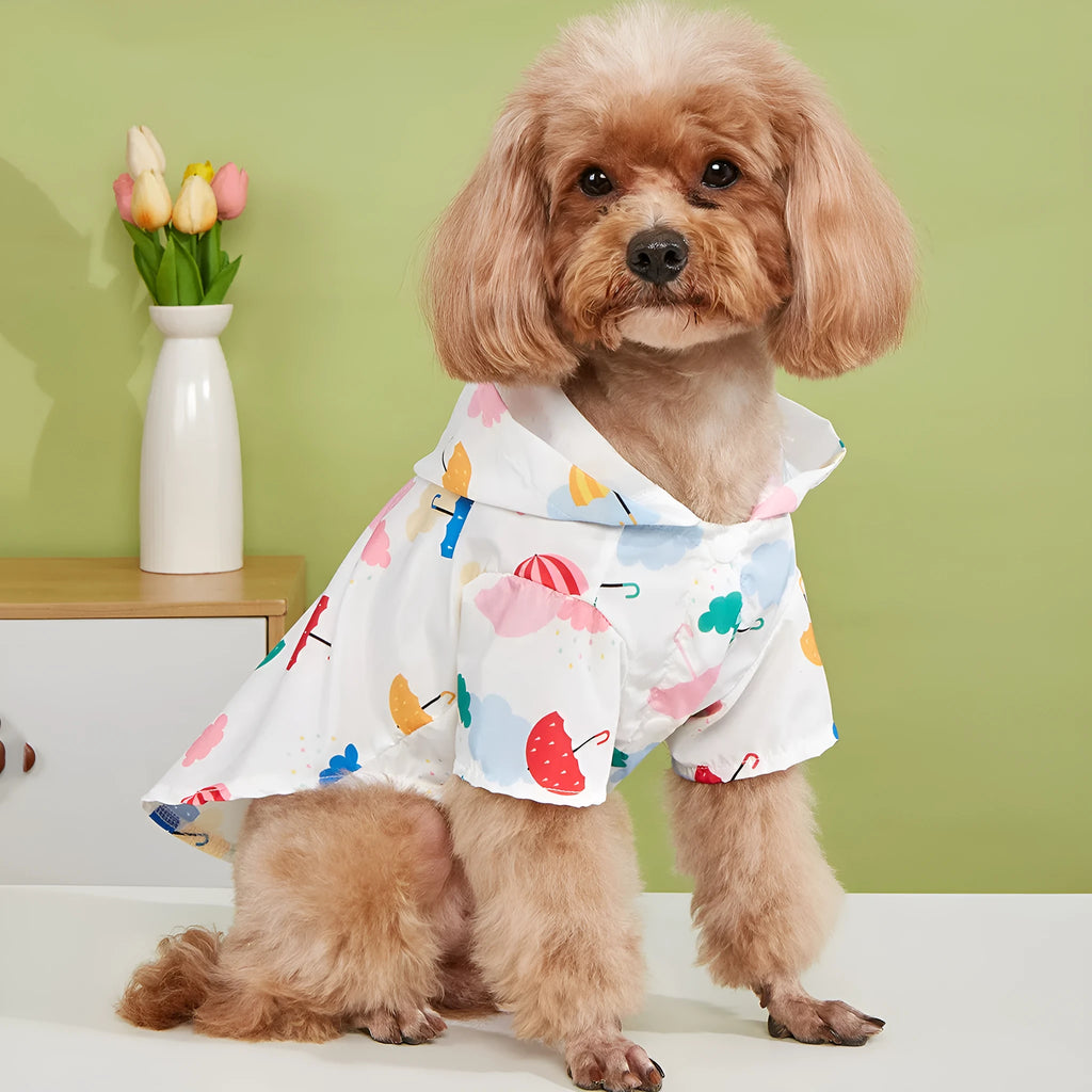 Colourful cartoon umbrella pattern dog raincoat or cat jacket in polyester.