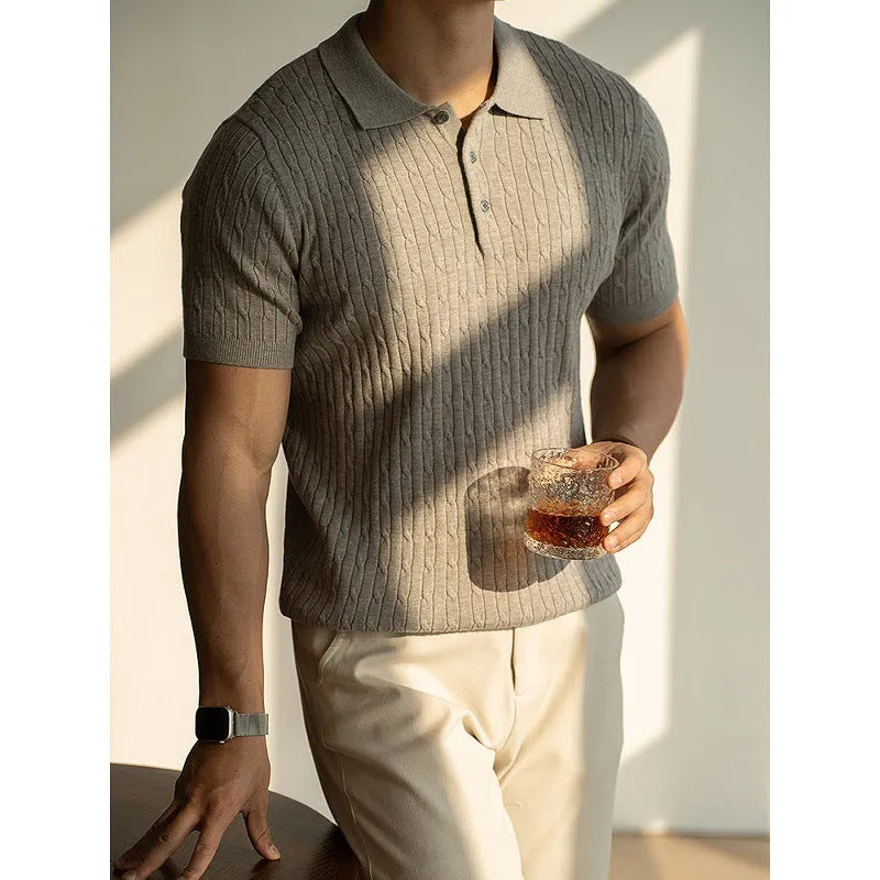 Men's business casual short sleeve top in khaki, black or white colours with Asian sizing information