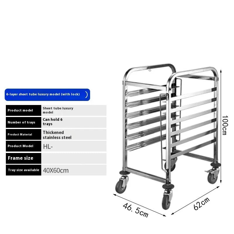 Six-layer stainless steel cake cooling rack with large rectangular tray and locking mechanism.