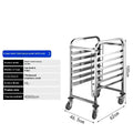 Six-layer stainless steel cake cooling rack with large rectangular tray and locking mechanism.