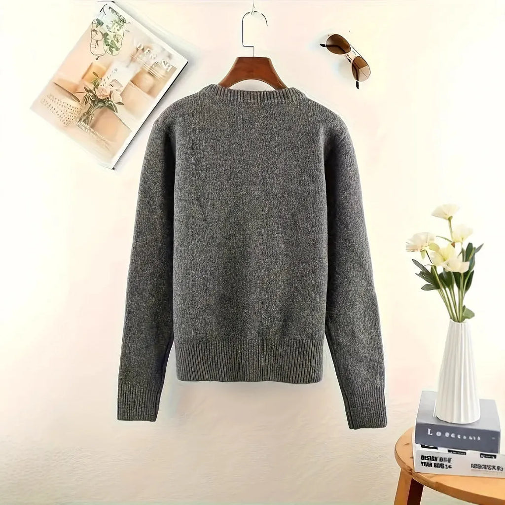 Dark grey women's polyester cardigan with buttons and long sleeves on a hanger