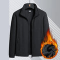 Men's grey Berber fleece zip-up coat cardigan with a stand-up collar and drawstring sleeves.