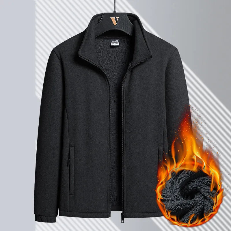 Men's grey Berber fleece zip-up coat cardigan with a stand-up collar and drawstring sleeves.