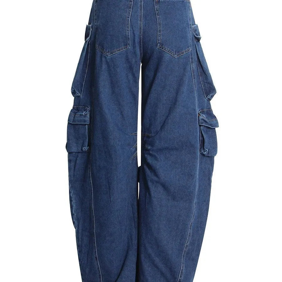 Dark blue distressed wide-leg women's jeans with high waist and multiple pockets.