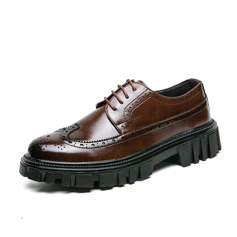 Men's black and brown artificial PU brogue business shoes with round toe on a white background.