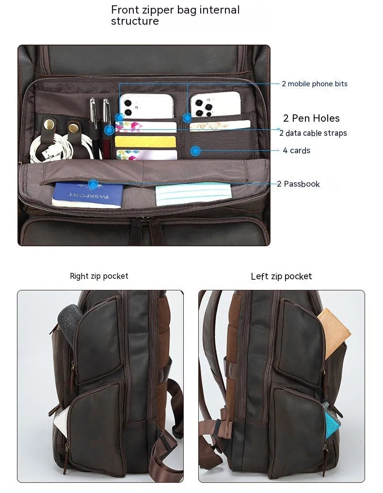 Dark brown genuine leather backpack with 17-inch laptop compartment and double shoulder straps