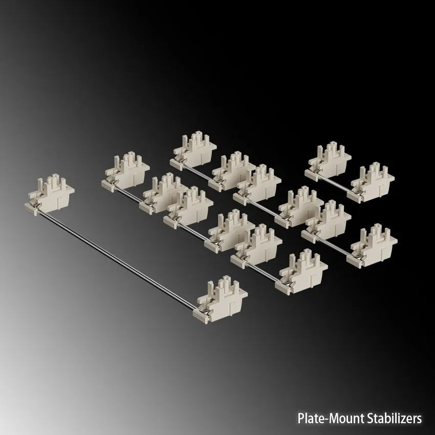 Keyboard stabiliser accessories set showing black and milky white 6.25U and 7U satellite axis stabilisers