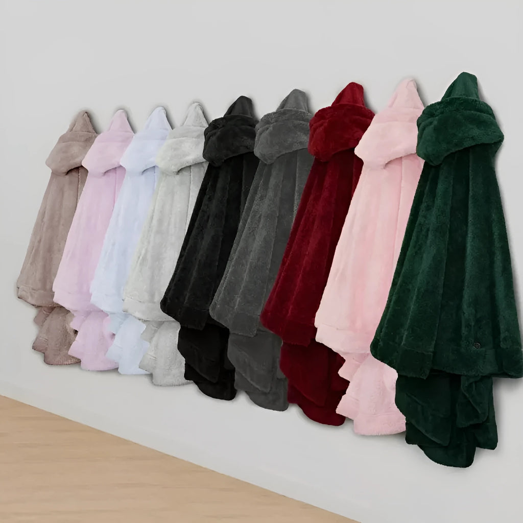 Thickened polyester hooded bathrobe in black, shown on a hanger