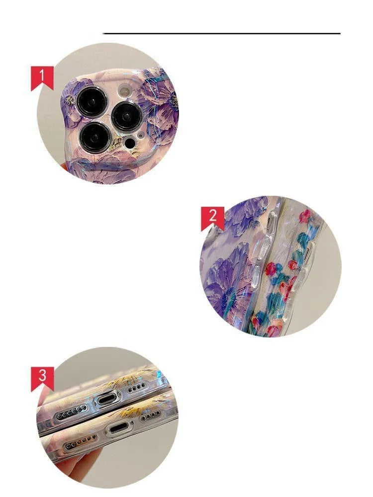 Advanced Art Oil Painting Flower Phone Case with twisted edge and blue light effect, compatible with iPhone models