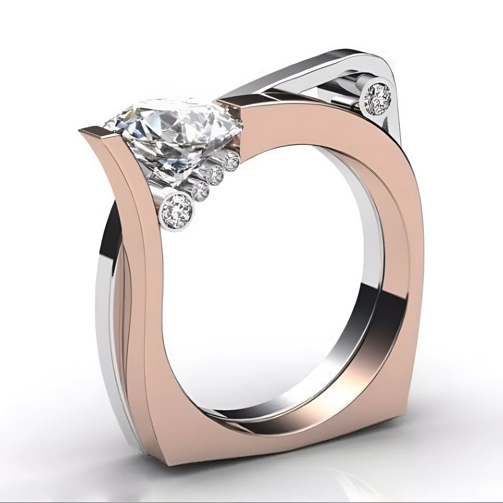 Electroplated alloy women's fashion ring with geometric design and zircon inlay in rose gold colour