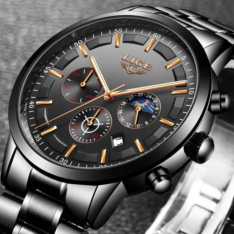Men's black waterproof quartz sports watch with business styling on wrist