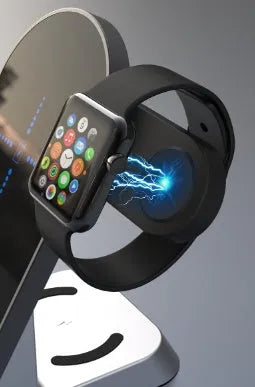 Black six-in-one wireless charging alarm clock with Apple Watch dock and LED display