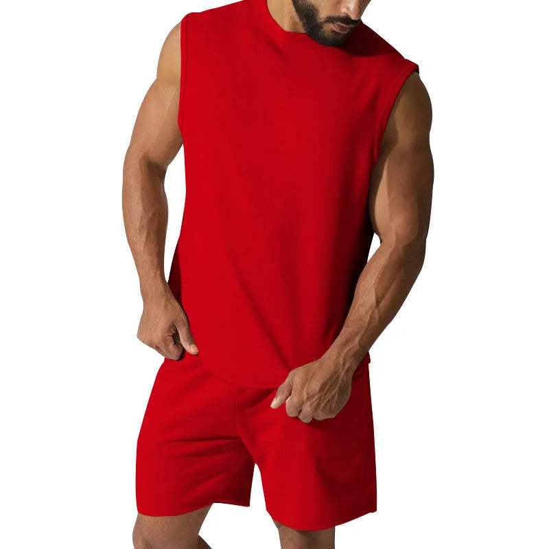 Men's sleeveless cotton blend sports top and shorts set in solid colour