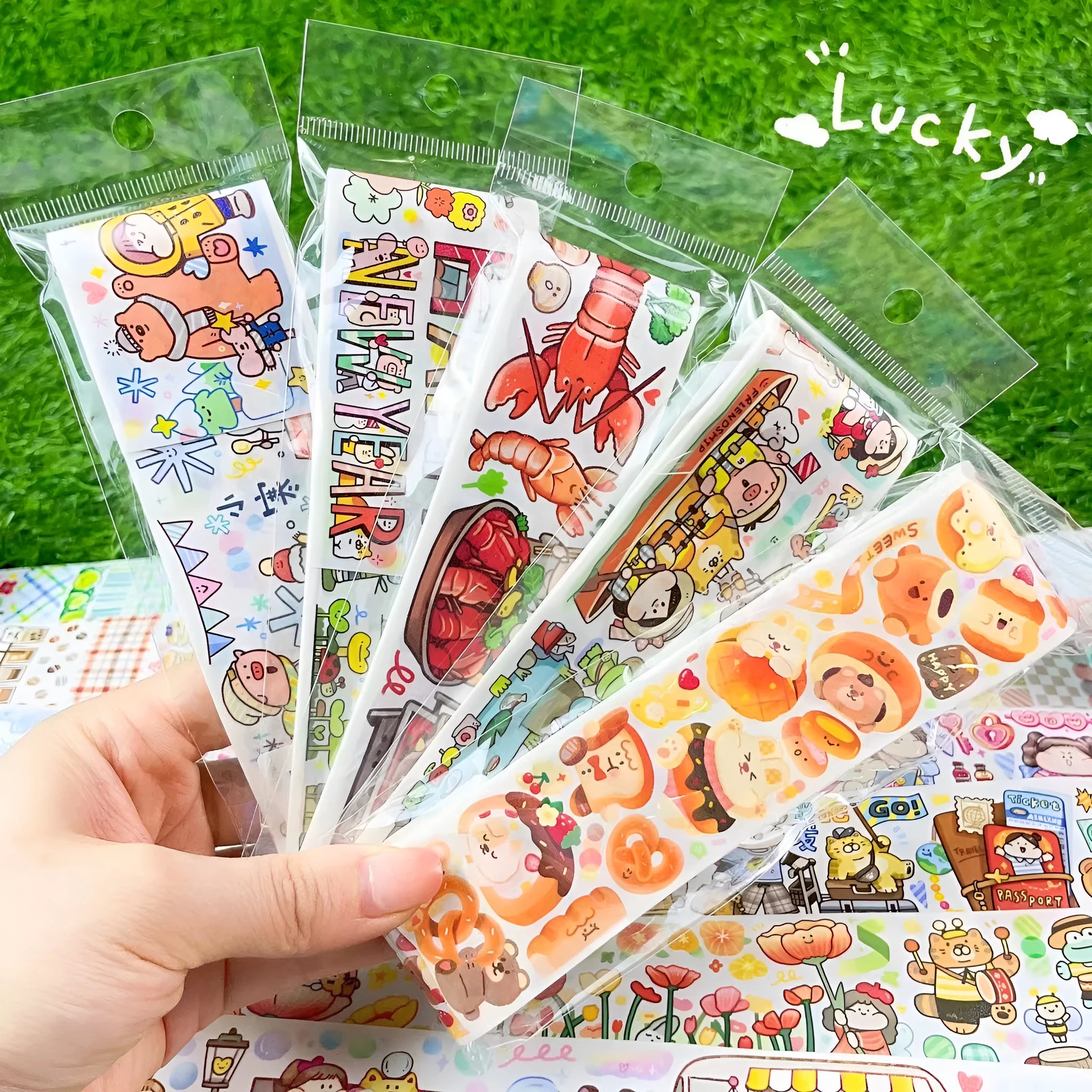 Sheet of cute cartoon character adhesive stickers printed on Japanese paper for medical packaging.