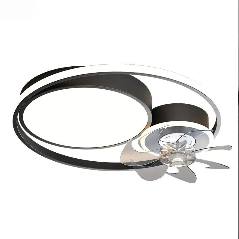 48cm overhead ceiling fan light with integrated lamp in black or gold finish, showing metal blades and acrylic lampshade.