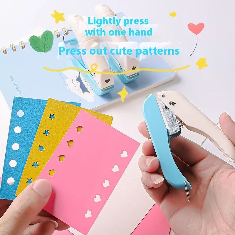 Small manual hand punch for embossing love, star, 4mm and 6mm round shapes on paper.