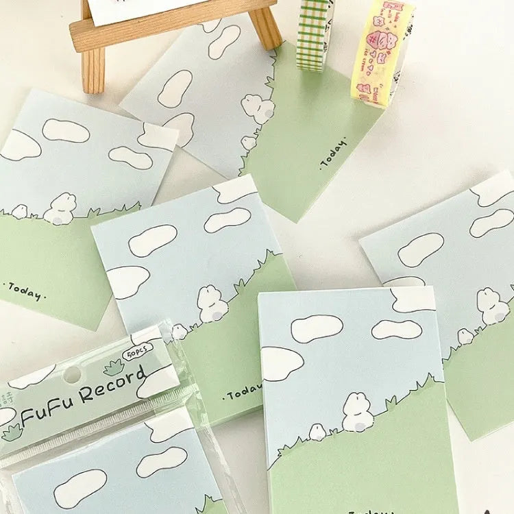 Cartoon heart-shaped sticky notes set showing six themed designs in three different sizes