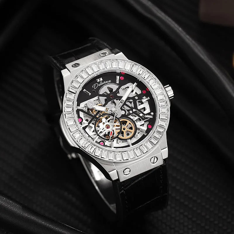 Automatic mechanical men's watch with hollow movement, diamond studding, and white shell case