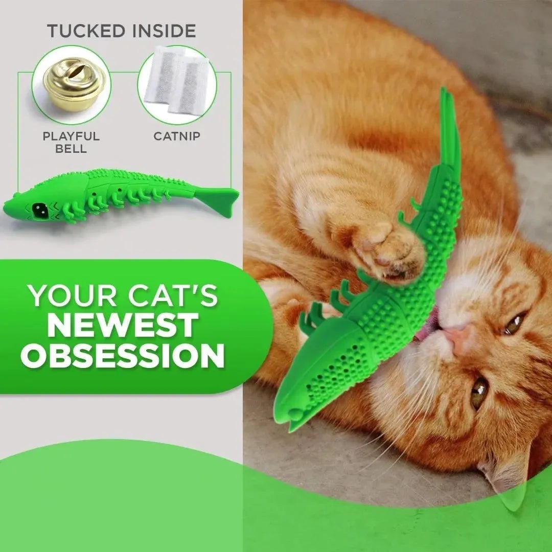 Blue hard rubber cat toy with textured bristles for teeth cleaning and interactive play