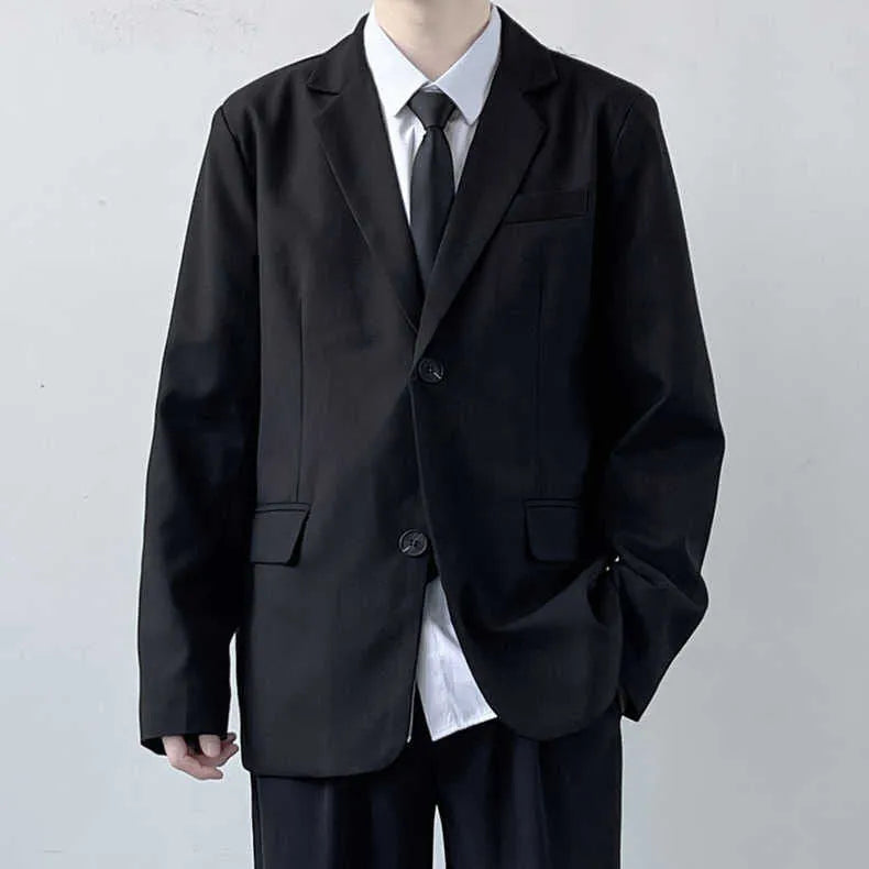 Men's plus size loose fit polyester suit jacket set with white shirt and tie for spring autumn formal wear