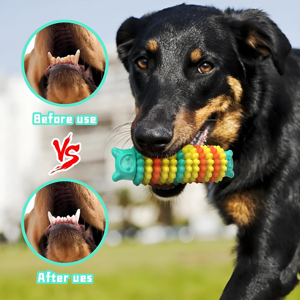 Blue green and pink caterpillar-shaped rubber dog chew toy for aggressive chewers, 17cm long