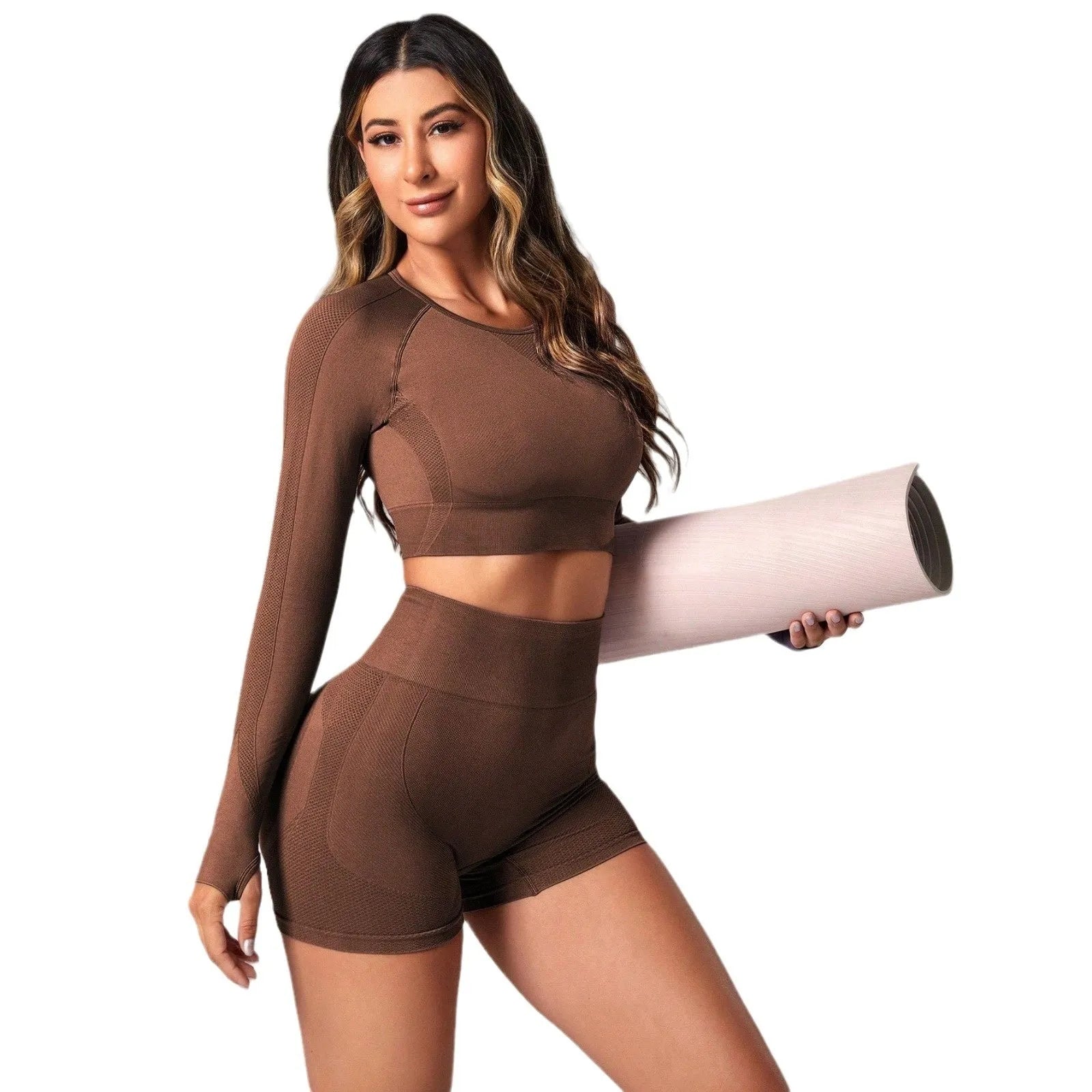 Women's high waist yoga suit in solid color with long sleeve top and pants for quick-drying performance