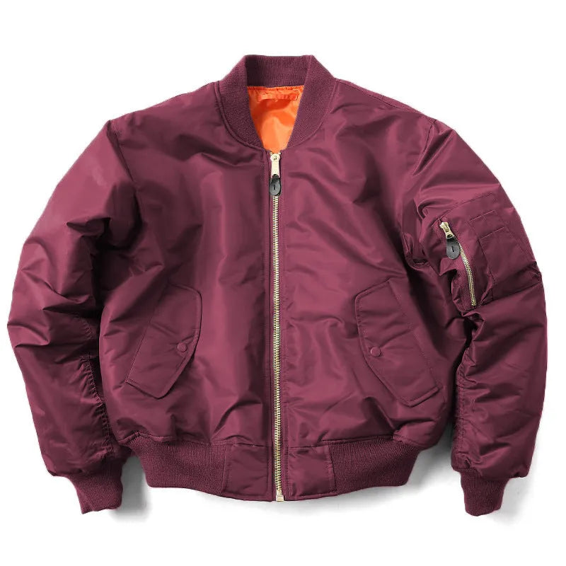 Men's loose fit nylon pilot jacket in army green, shown with cotton padding and double-sided wear-resistant construction.