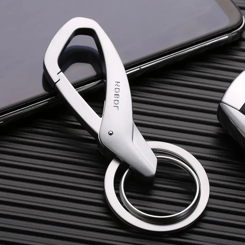 Zinc alloy car key waist hanging double ring keychain in black, chrome, or nickel colour measuring 8.3x3.5cm