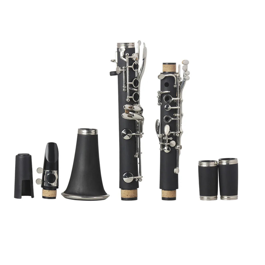 Black Bb soprano clarinet with Bakelite body and nickel 17-key mechanism with carrying bag