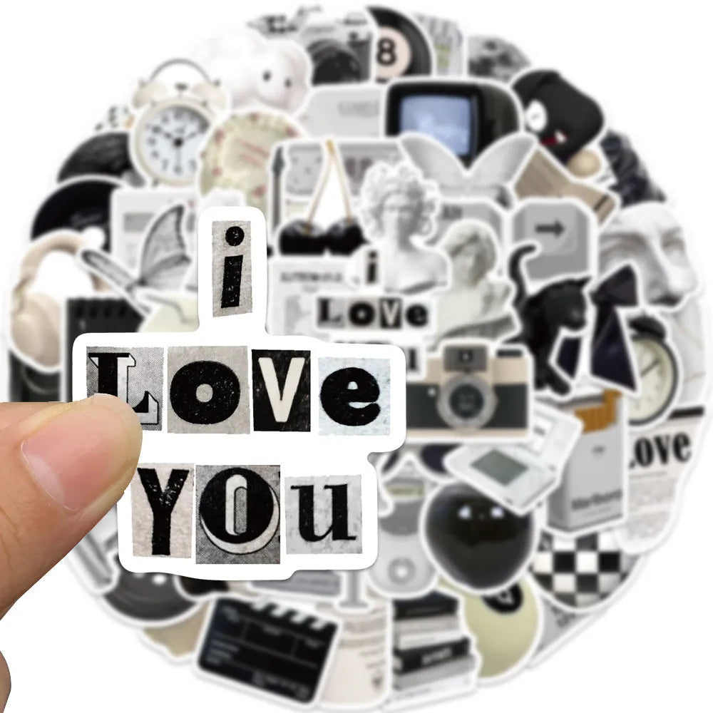 Black and white PVC waterproof sticker set with 61 pieces for laptop phone luggage customisation