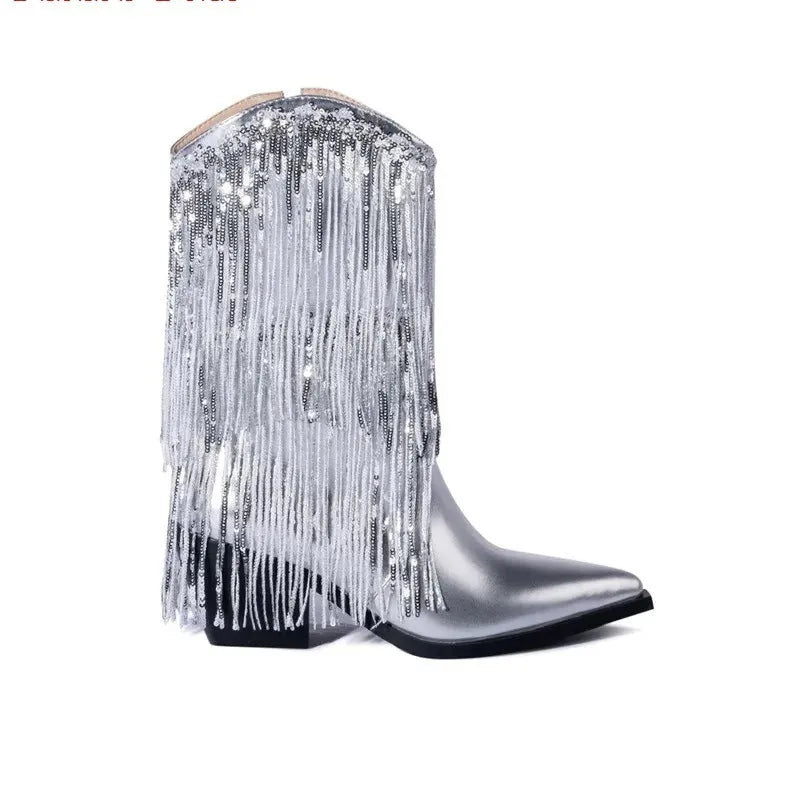 Women's chunky heel tassel boots with super high 8CM stiletto heels and middle ankle cut