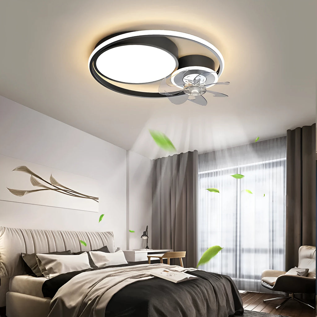 48cm overhead ceiling fan light with integrated lamp in black or gold finish, showing metal blades and acrylic lampshade.