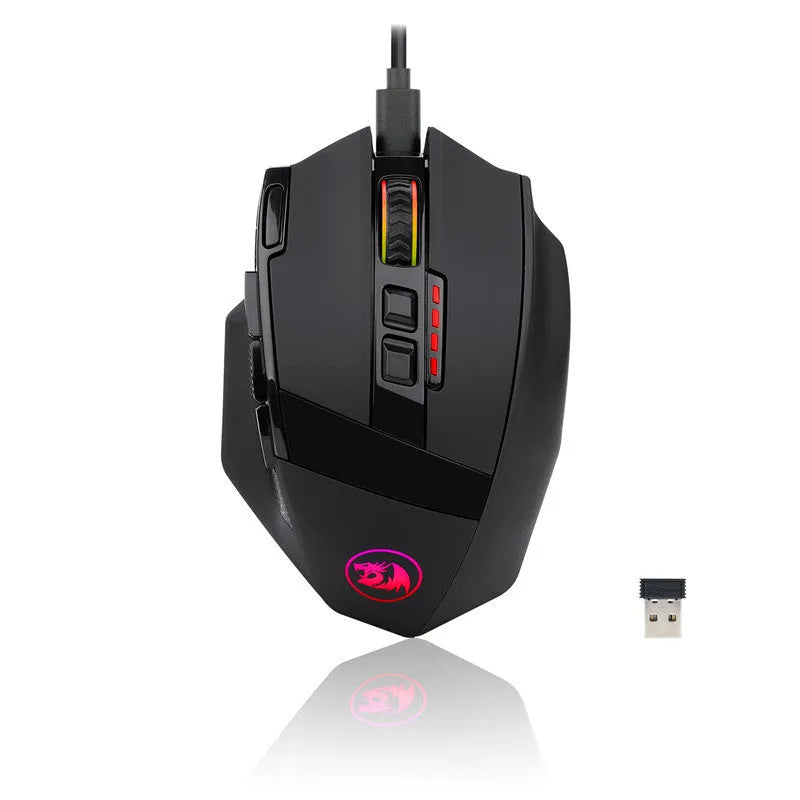 Redragon M801P black dual-mode gaming mouse showing nine buttons and ergonomic shape